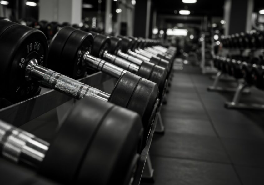 Dumbbells used for progressive overload in strength training to build muscle and strength