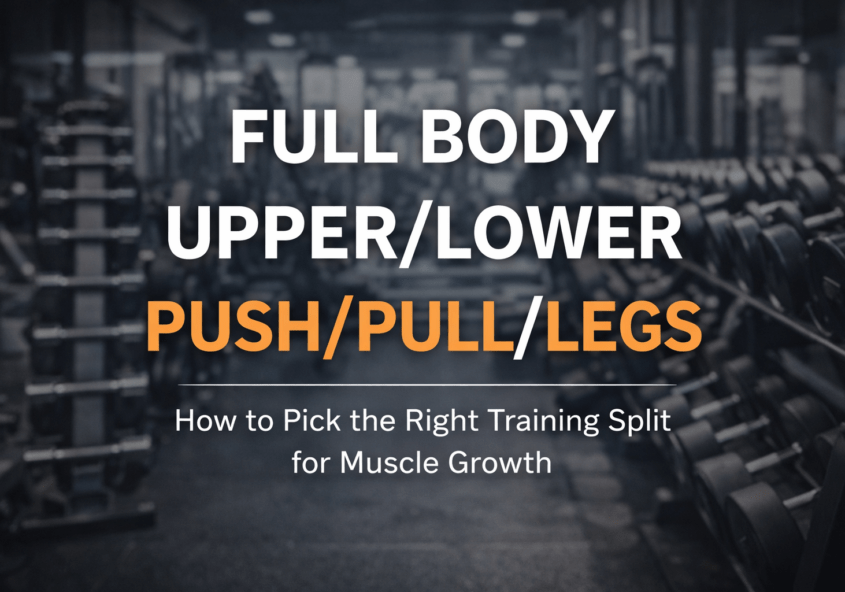 Blog cover image showing “Full Body,” “Upper/Lower,” and “Push/Pull/Legs” in large bold text over a dark, blurred gym background.